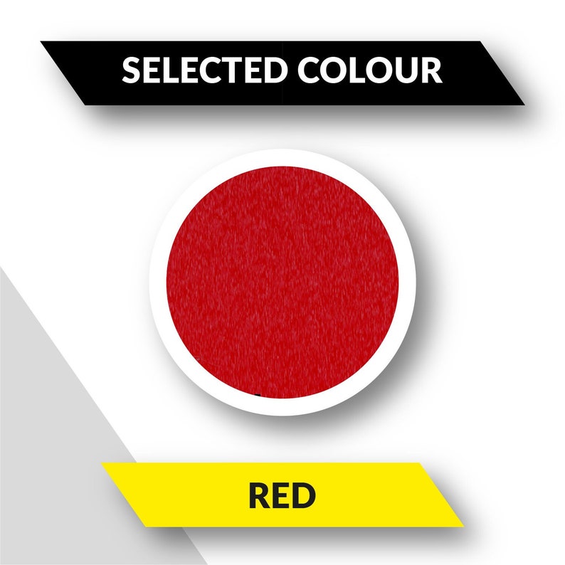 May include: A red circle with the word "RED" in yellow text below it. The circle is surrounded by a white border and has a textured surface. The text "SELECTED COLOUR" is above the circle in black text on a black rectangle.