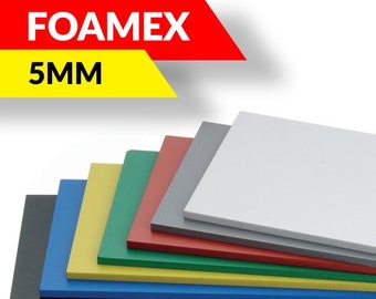 May include: A stack of seven 5mm thick foam sheets in various colours, including black, blue, yellow, green, red, grey, and white. The sheets are arranged in a staggered pattern, with the white sheet on top. The text "FOAMEX 5MM" is visible in the top left corner of the image.