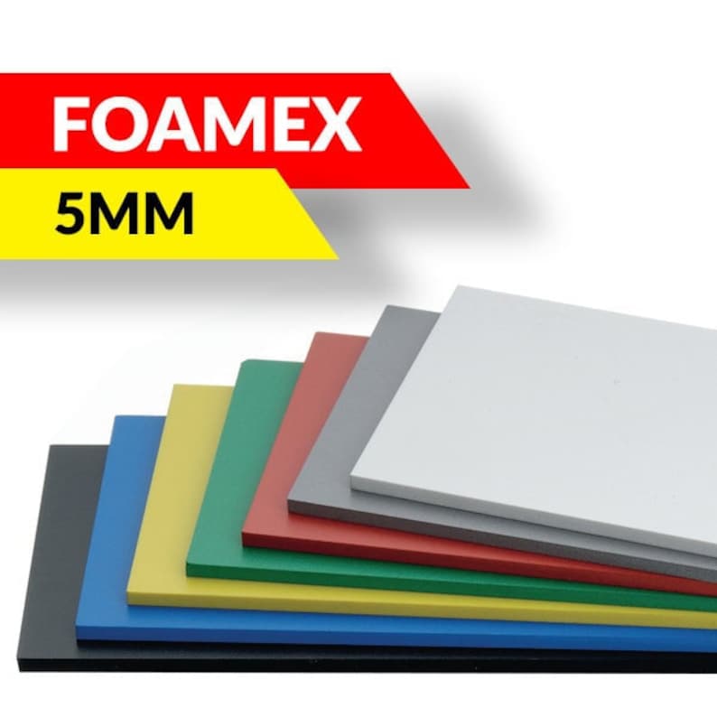 May include: A stack of seven 5mm thick foam sheets in various colors, including black, blue, yellow, green, red, gray, and white. The sheets are arranged in a staggered pattern, with the white sheet on top. The text "FOAMEX 5MM" is visible in the top left corner of the image.