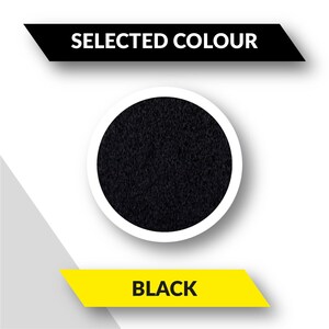 May include: A black fabric swatch, displayed in a white circle with a black border. The text "SELECTED COLOUR" is above the swatch and "BLACK" is below the swatch.