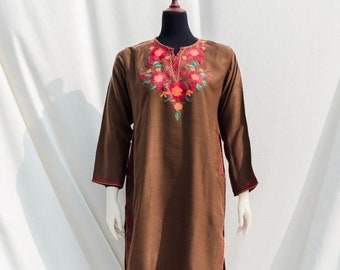 Brown Long Length Kurta Kashmiri Aari embroidery for women loose fit with embroidered motifs on kashmiri pure wool with Pockets eid dress