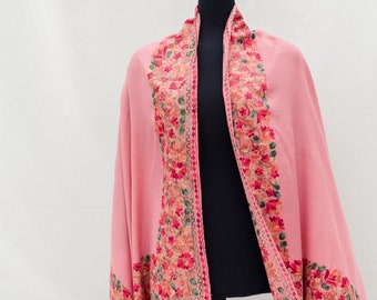 Pink Pashmina Wool Scarf for Bridal Gift kashmiri Wrap for Chemo Head Scarf Gift For Loved One Floral Aari Kashmiri Embroidery for Eid Dress