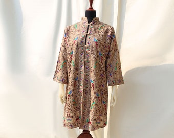 Beige Long Pashmina Coats Open Front Pakistani Dress with Kashmiri Aari Pashmina Wool Coat for Party Gift for Her Kashmiri Animal Print Coat