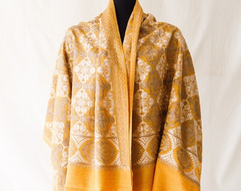 Châle Pashmina Jaune Écharpe En Soie Brodée Cachemire Châle Motif Géométrique Pour Accessoire De Robe De L'Aïd Écharpe De Mariée Boho Rave