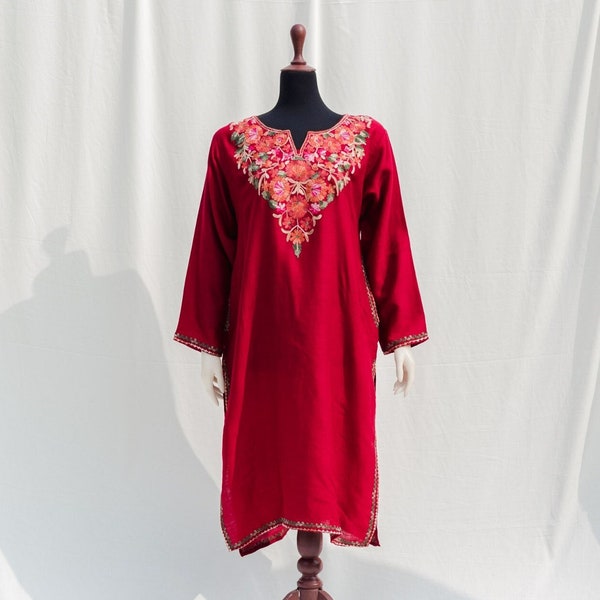 Red Wool Kurta for women ethnic Indian clothing top with pockets kashmiri wool long length top for eid dress gift for casual weddings