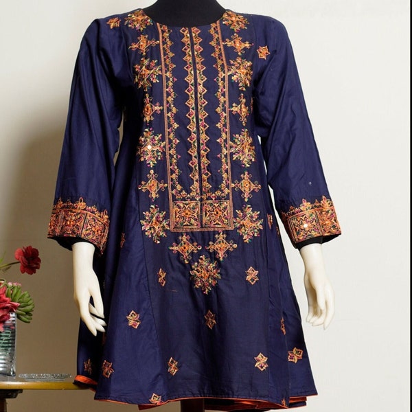 Motifs brodés kurta évasés du Cachemire et haut tunique bohème à effet miroir pour leggings pour femme, chemise longue, robe de l'Aïd pakistanais