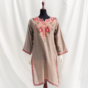 Beige Embroidered Kurti knee length pure wool pashmina for eid dress women gift for her Aari embroidery on Pashmina wool for pakistani dress