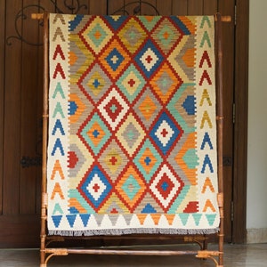 Turkish Kilim Rug | Colorful Accent Rug for Boho Spaces | Oriental Rug with Geometric Design | New Year gift | Winter gift | Christmas gift