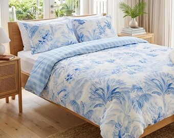 Blue Toile Satin Duvet Cover Set, Striped Duvet, Custom Size Bedding