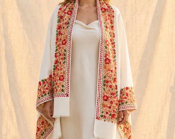 Cream White Kashmiri Pashmina Shawl, Floral Aari Embroidery, Bridal Wedding Wrap