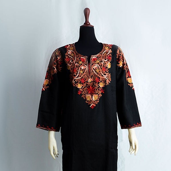 Kashmiri Aari Kurta for women with multi colored neck embroidery in 100% pashmina wool Pakistani Kurti for Eid Dress Casual Spring party