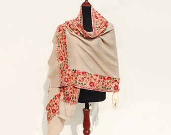 Beige Kashmiri Pashmina vrouwen wrap voor bruids huwelijkscadeau grens geborduurde omslagdoek voor haar bruidsmeisje pure wol oversized vrouwen sjaal