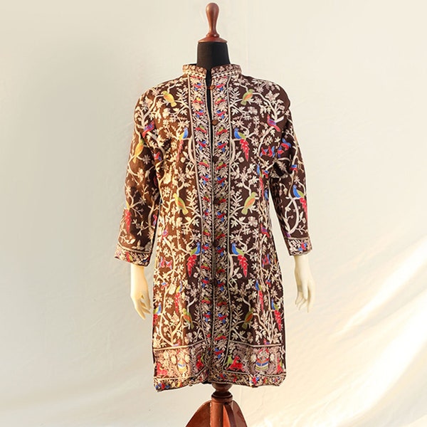 Plus size Brown Embroidered Long Jacket Pakistani Wedding Dress Bohemian Animal Print Jacket 2XL size Pashmina Wool Ethnic Jacket for Eid