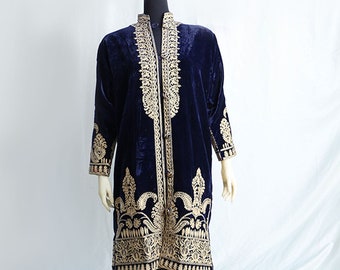 Velvet Pakistani Dress, Jacket,Front open gown in Royal Blue, Black and Royal Green colors with detailed gold embroidery on front and back