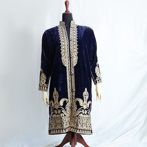 Velvet Pakistani Dress, Jacket,Front open gown in Royal Blue, Black and Royal Green colors with detailed gold embroidery on front and back