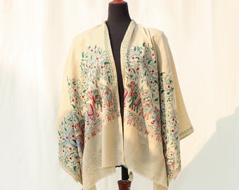 Bohemian Beige Pashmina Shawl Elephant Animal embroidery extra large scarf Bridal Shower Wedding Accessory Rave Kashmiri Scarf Pure Wool