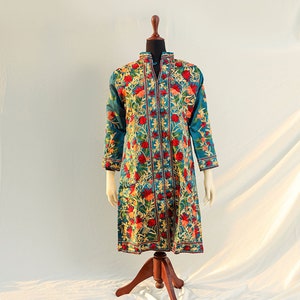 Turquoise Ethnic Aari Kashmiri Coat Front Open Jacket Floral Embroidery Eid Dress Gown for Indian Pakistani Wedding Kashmiri Raw Silk Dress