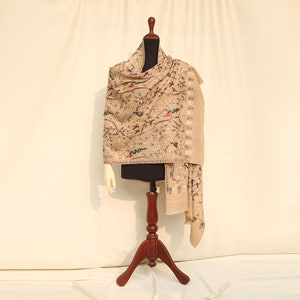 Beige Silk Pashmina Shawls with pink Embroidered Design Avian Haven Design Wool Scarf for Eid Dress Accessory Bridal Wedding Favor for guest