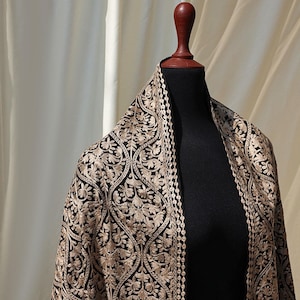 Black Beige Kashmiri Pashmina Shawl Luxurious wool wrap with regal aouth asian embroidery Perfect for any season Handmade ethnic scarf women