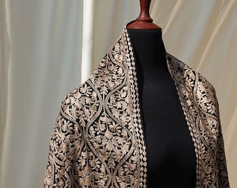 Black Beige Kashmiri Pashmina Shawl Luxurious wool wrap with regal aouth asian embroidery Perfect for any season Handmade ethnic scarf women