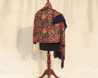 Navy Blue Embroidery Scarf Aari Embroidery Shawl on 100% Pure Wool Scarf for Wedding and Formal Occasion for her.