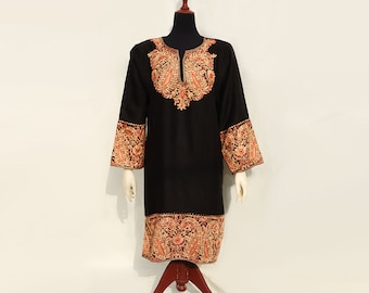 Black Pure wool long women kurti top with kashmiri embroidery ethnic foral pheran shirt with side slits for party wear and nikkah shirt