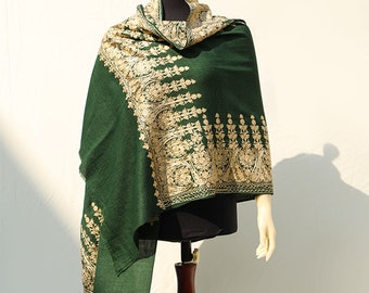 Authentic kashmiri Pashmina Shawl for a Winter Wedding Eid Dress Silk Embroidery Golden Threadwork on Green Pure Wool Scarf Boho Fall Wrap