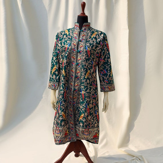 Bottle Green Embroidered Long Jacket for Bohemian Pashmina Jacket Rave Embellished Ethnic Jacket for Indian Wedding Dress Animal Print Coat Etsy