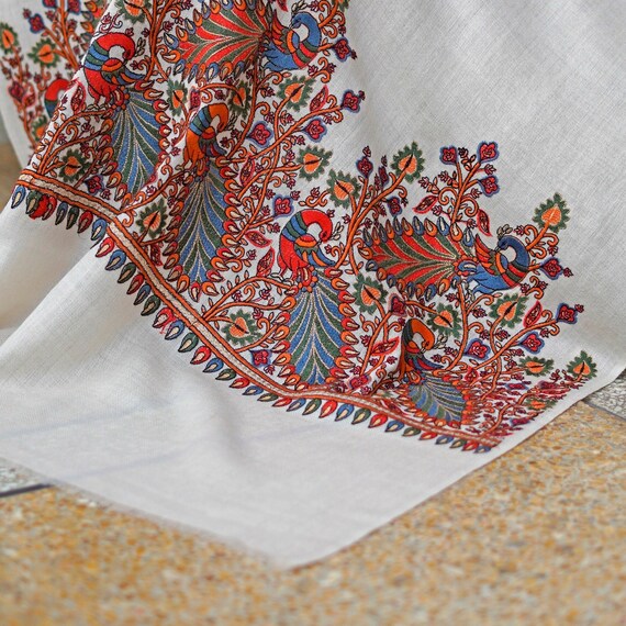 Peacock Embroidery Pure Wool Shawl Kashmiri Silk Embroidery