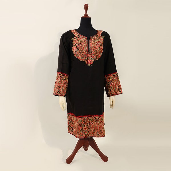 Black long top indian style kurti pheran with pockets embellished fine multi-colored embroidery across the top for pakistani indian wedding