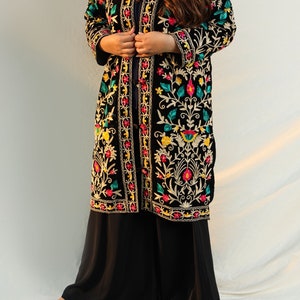 Floral Velvet Black Jacket Long Length Coat Embellished Jacket for Eid Dress Gift for Her Indian Bridal Wedding Party Boho Ethnic Jacket