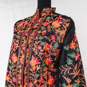 Elegant Kashmiri Pheran Black Short Coat Hand Embroidered on Raw Silk Ethnic Kashmiri Floral Embroidery Short Length Boho Jacket for Raves