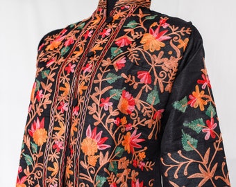Elegant Kashmiri Pheran Black Short Coat Hand Embroidered on Raw Silk Ethnic Kashmiri Floral Embroidery Short Length Boho Jacket for Raves