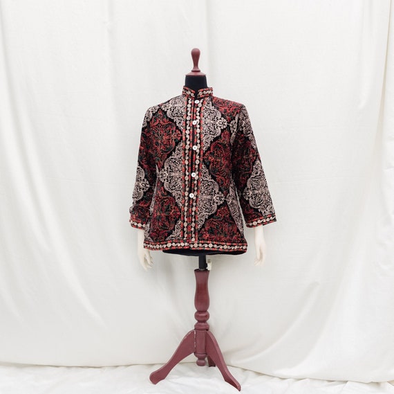 Velvet Short Coat Nehru Jacket Geometric Embroidery Women Bohemian Jacket for Eid Dress Wedding Pakistani Wear Front Open Closure