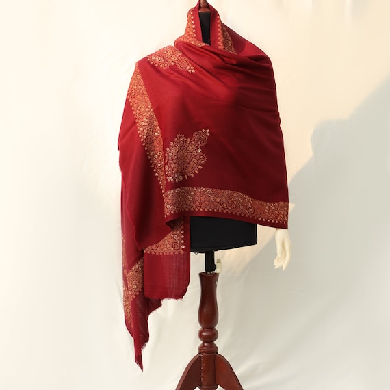 Grand Châle Étole En Cachemire Brodé Bordeaux - Pashmina Floral à Franges 200x70 Cm, Fabriqué En Inde