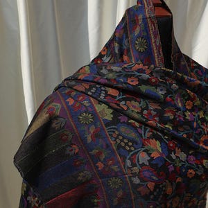 Navy-Blue Kani shawl Mughal inspired multicolored floral paisley wedding embroidery, fine threadwork pashmina wool premium quality wrap