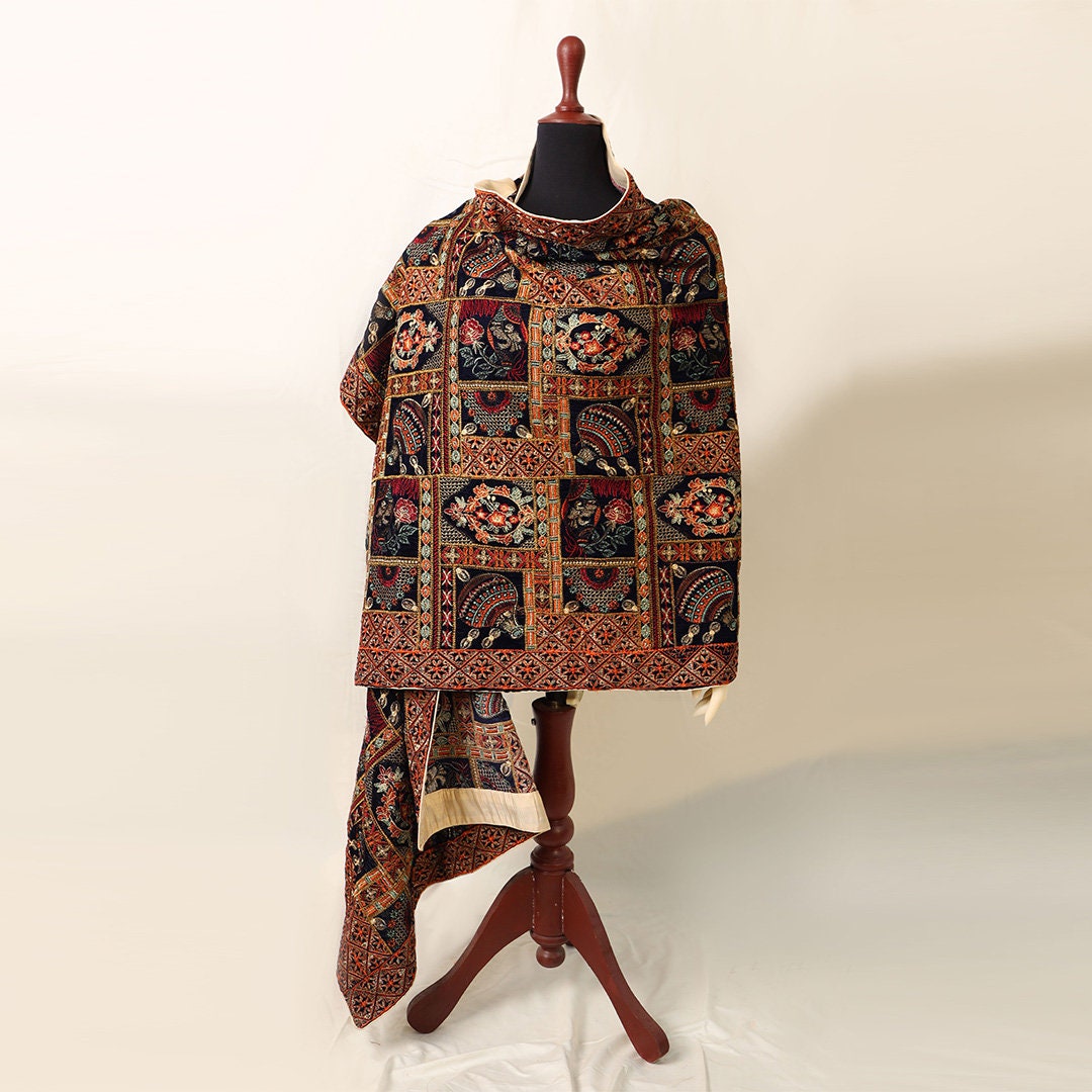 Black Velvet Embroidered Shawlssindhi Oversized Scarf - Etsy