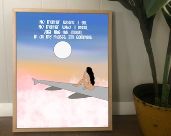 I Am Complete Digital Print, Home Wall Decor, Pastel Art, Digital Illustration, Airplane Travel Moon Sky Cloud Art, Poetry, Self Love