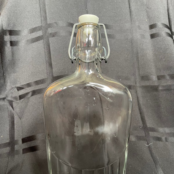 Vintage Clear Glass Whiskey/Alcohol Bottle/Flask with Wire Bail Swing Top Lid, 1960s