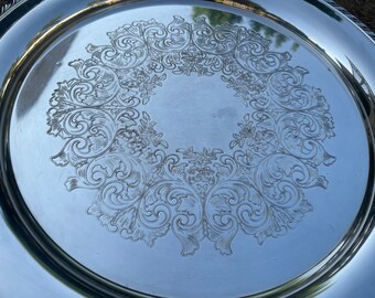 Vintage WM A. Rogers Silver Plate Round Platter/Tray, Roped Edges, Engraved Face, 1970's