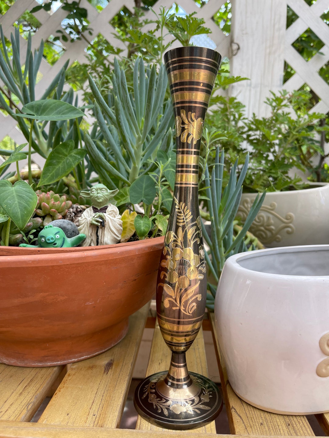 Vintage Made in India Black and Gold Brass Vase With Hand Etsy