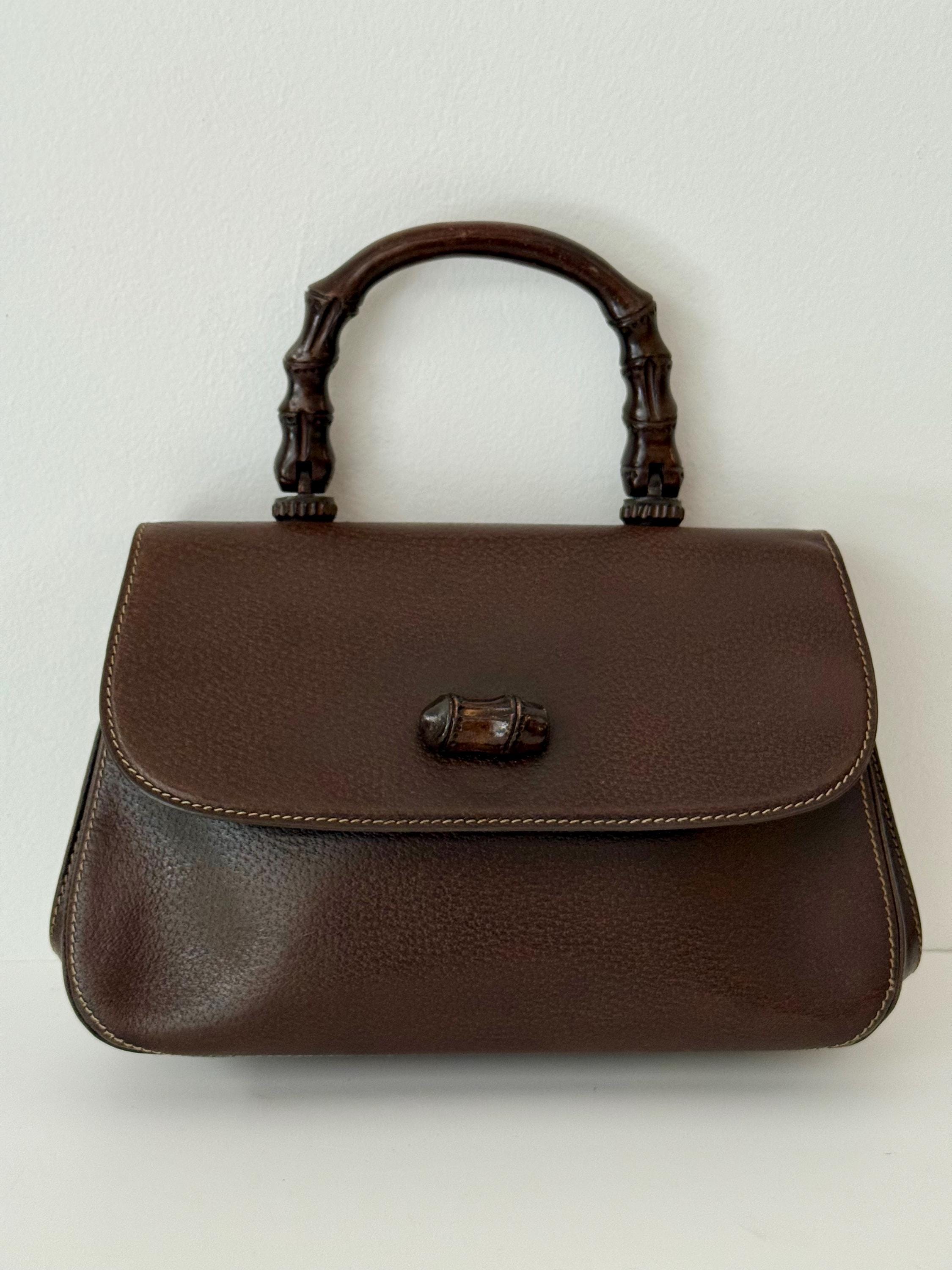 【ベタあり】 old Gucci bamboo hand bag brown Pre-loved Old Gucci Brown Leather Bamboo 1947 Top Handle Bag