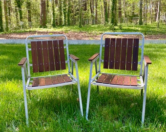 Redwood slat patio chairs, pair, vintage