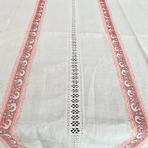 Vintage linen embroidered tablecloth with lace detail
