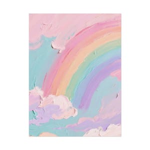 May include: A painting featuring a rainbow and clouds in pastel colours. The rainbow spans the sky with pink, orange, yellow, green, blue, and purple hues. Fluffy clouds in pink, purple, and white are scattered across the sky.