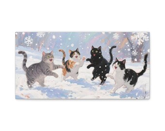 Whimsical Cats in Snow Canvas Art, Winter Wall Decor