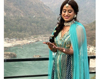 Macacão Teal Chanderi: Traje Mehendi para Casamento Indiano