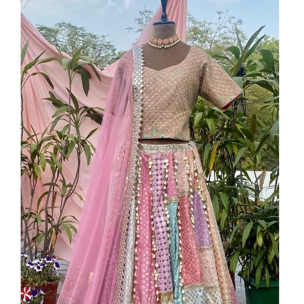 Pastel multi color indian wedding chanderi Mirror embroidered Lehenga with peach blouse and mesh Dupatta mehendi sangeet outf