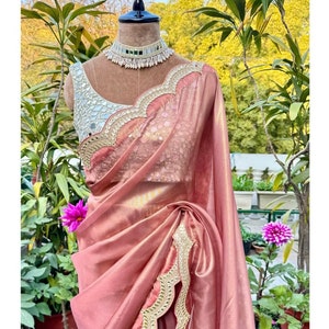 Glamorous Corel tissue organza cocktail saree with scalloped border and a mirror hand crafted stitched blouse/ indian designer wedding sari
