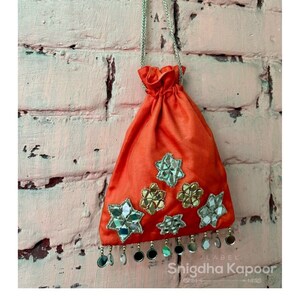 Orange mirror embroidered Potli bags/ wedding flavour bags/ women’s party wear clutches/ bridesmaids gifts/ cocktail embroidered guthali